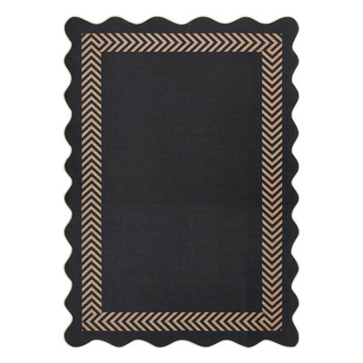 Scalloped Easy Jute Outdoor 9x12 Area Rug Washable Black Geometric Rug Washable Farmhouse Outdoor Patio Rug Non Slip Stain Resistant Carpet Rugs for Bedroom Dining Room Backyard