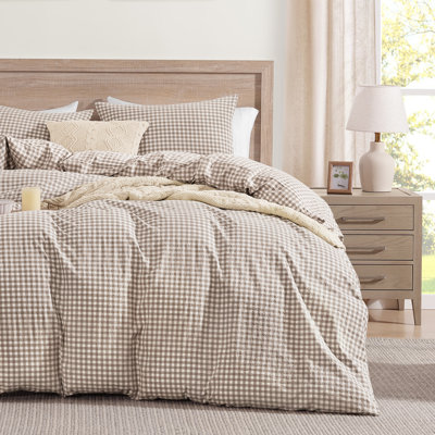 Wash Cotton Linen Like Textured Breathable Comforter Cover Set, 3 Piece Brown Classic Yarn-Dyed Checkered Plaid Bedding Set