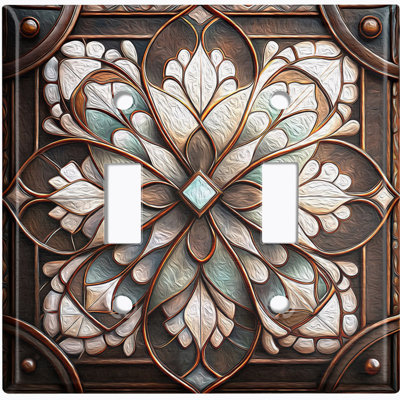 Metal Light Switch Plate Cover; US Standard Size 2 Gang Toggle - Printed Image of Stained Glass Rustic Flower Pattern