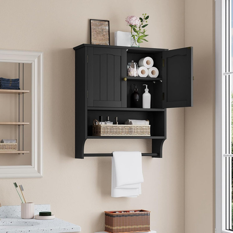Black Bathroom Cabinet Wall Mounted With Towels Bar, Medicine Cabinet With 2 Door Adjustable Shelves, Over Toilet Cabinet For Bathroom Laundry Room Kitchen