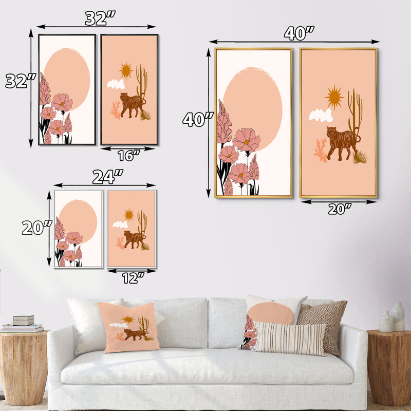 «Boho Wild Animal Minimalistic Art Earth Tones II», ensemble de 2 reproductions, H 40 po x l 40 po x P 1,5 po, Cadre doré