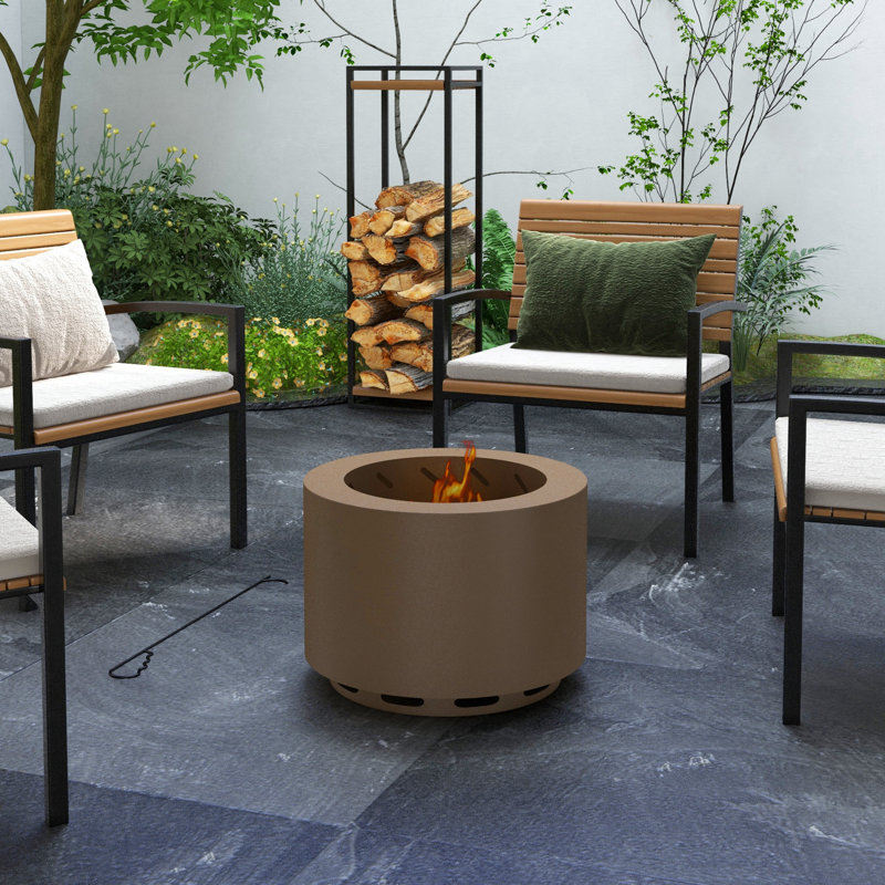 Avriana Round Steel Wood Burning Fire Pit, Silver