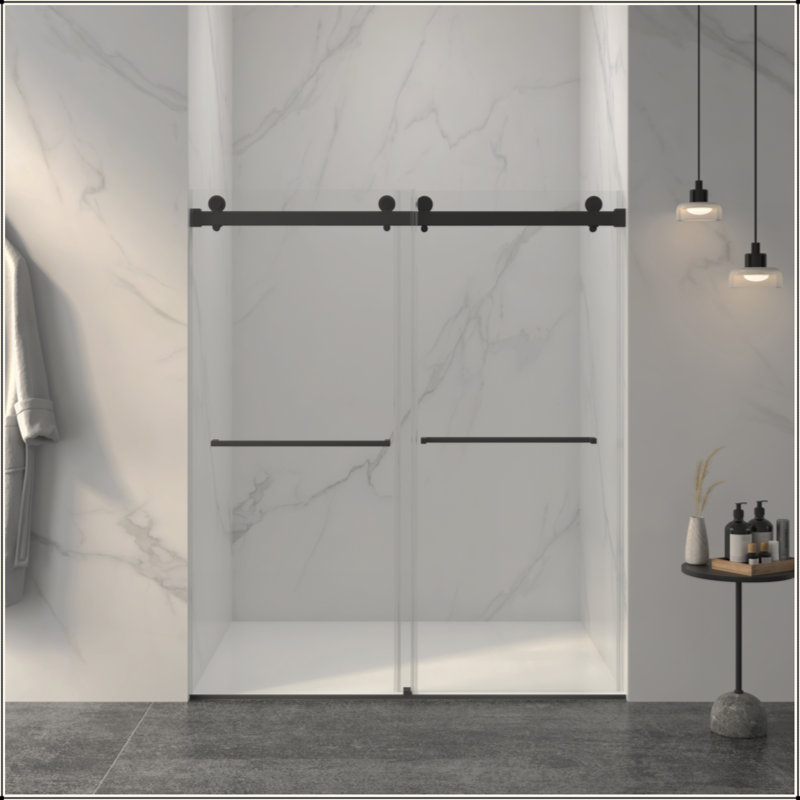 Porte de douche coulissante double sans cadre, verre trempé clair de 5/16 po (8 mm), couche épaisse facile à nettoyer