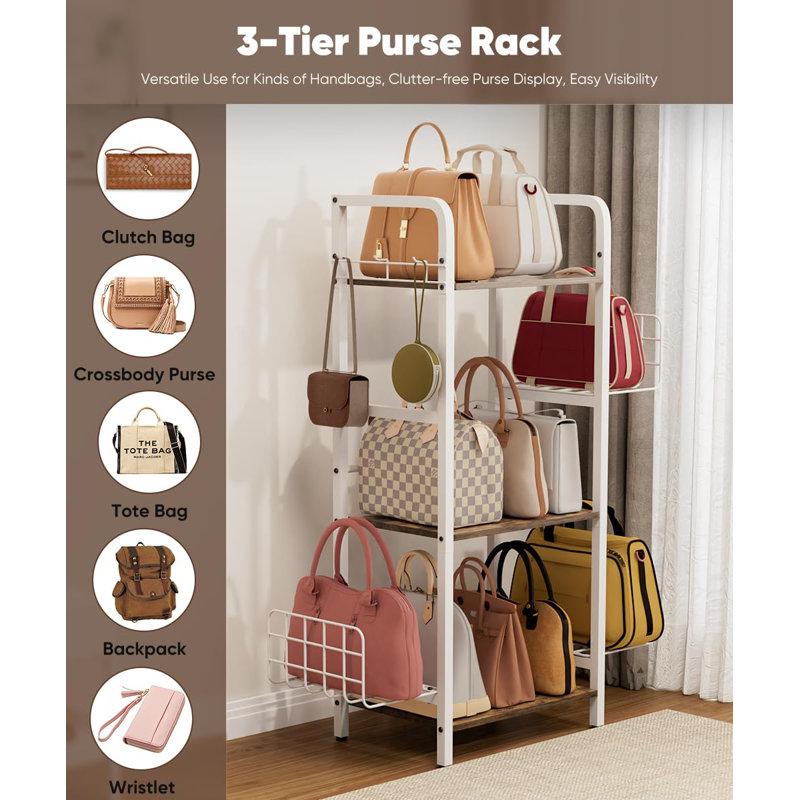 3-Tier Purse Organizer Rack, Iron & Wood Floor-Standing Bag Storage Holder With Adjustable Side Basket And Hook Handbag Organizers Display Stand Shelf For Closet, Bedroom, Entryway, White