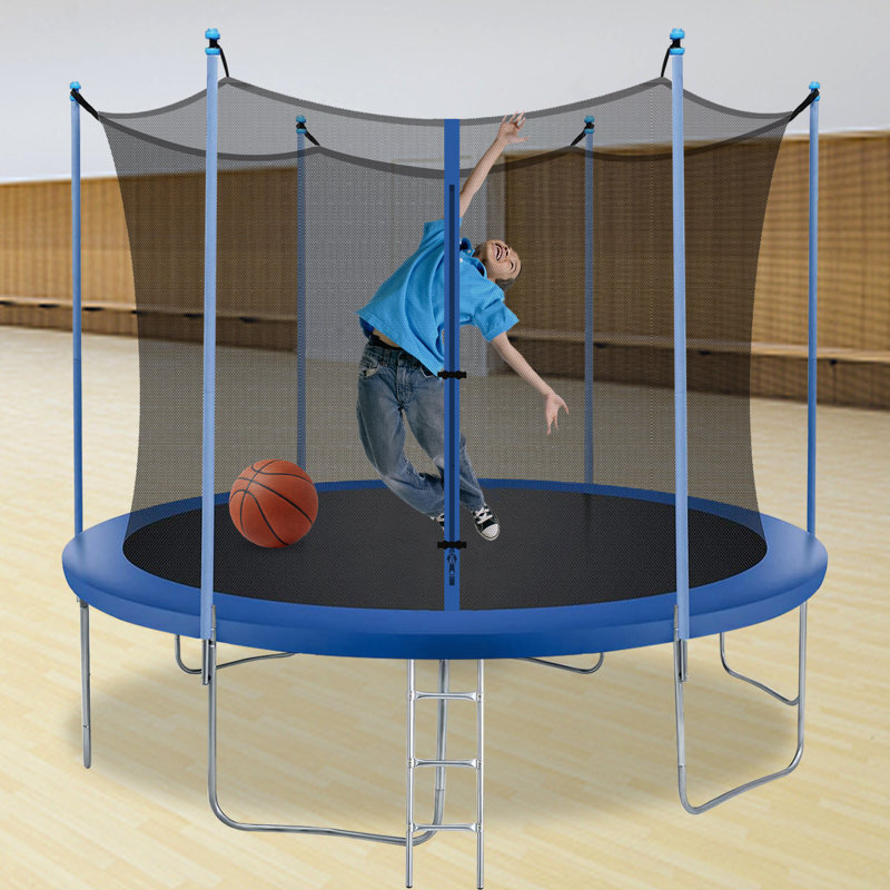 FDW Round Backyard Trampoline with Safety Enclosure, Blue