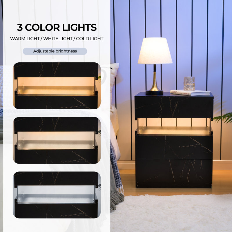 Gold and Black Modern Engineered Wood Nightstands with LED Lighting