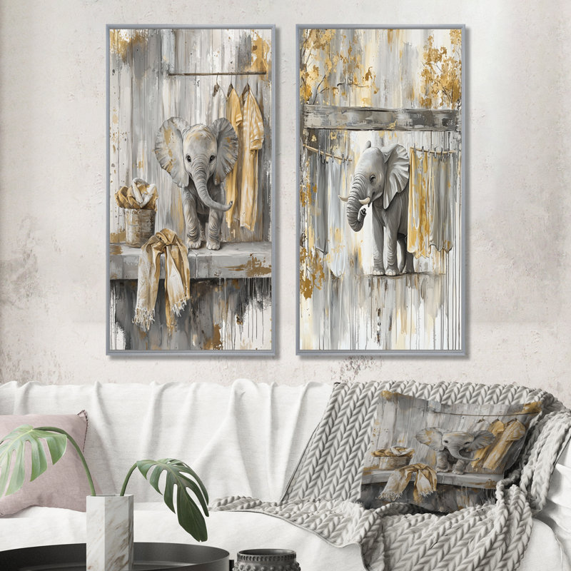 «Gray Elephants Laundry Day I», ensemble de 2 pièces d'art mural, H 32 po x l 32 po, Impression encadrée, Argent argent