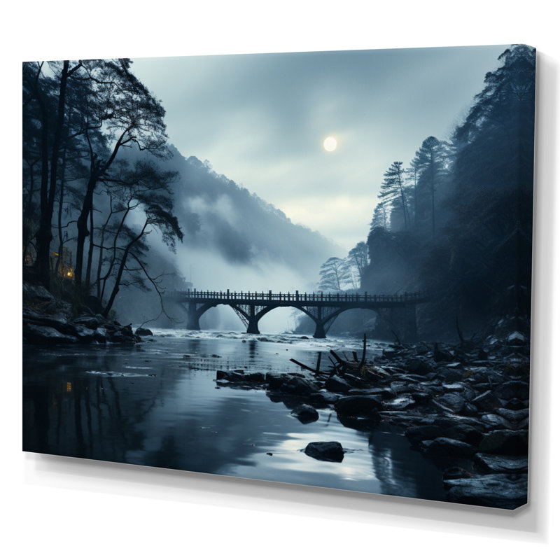 Blue Bridge In Silence II - Architecture Wall Art Living Room, H 34 po x l 44 po x P 1,5 po, Toile tendue