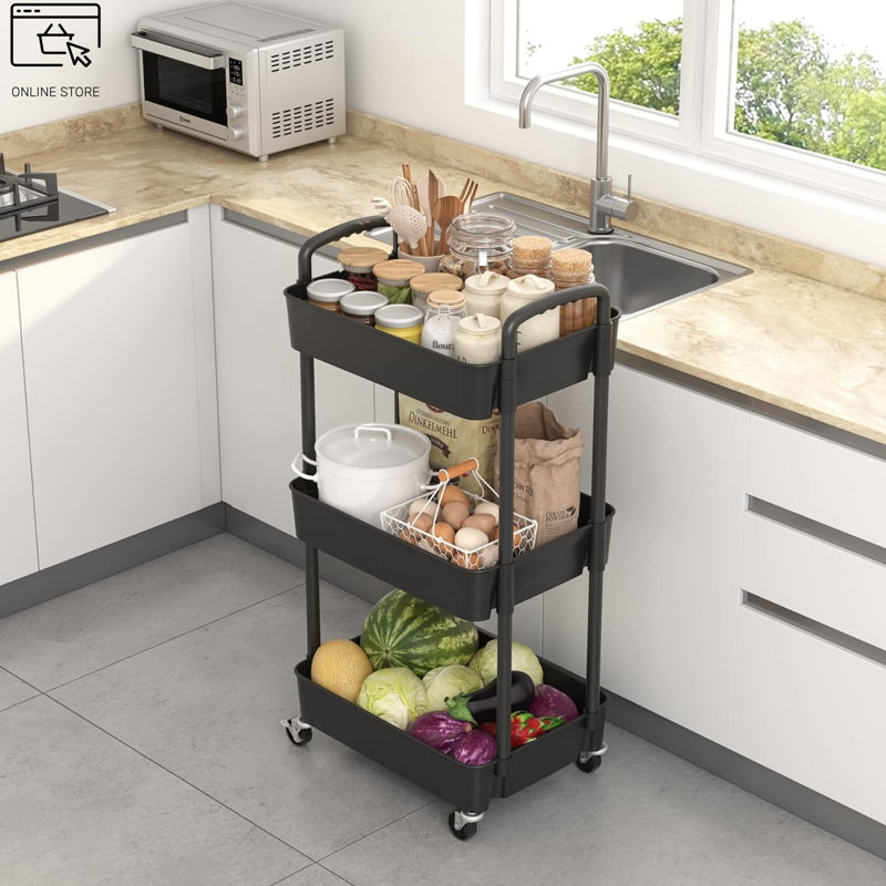 Plastic Rolling Utility Cart with, Black