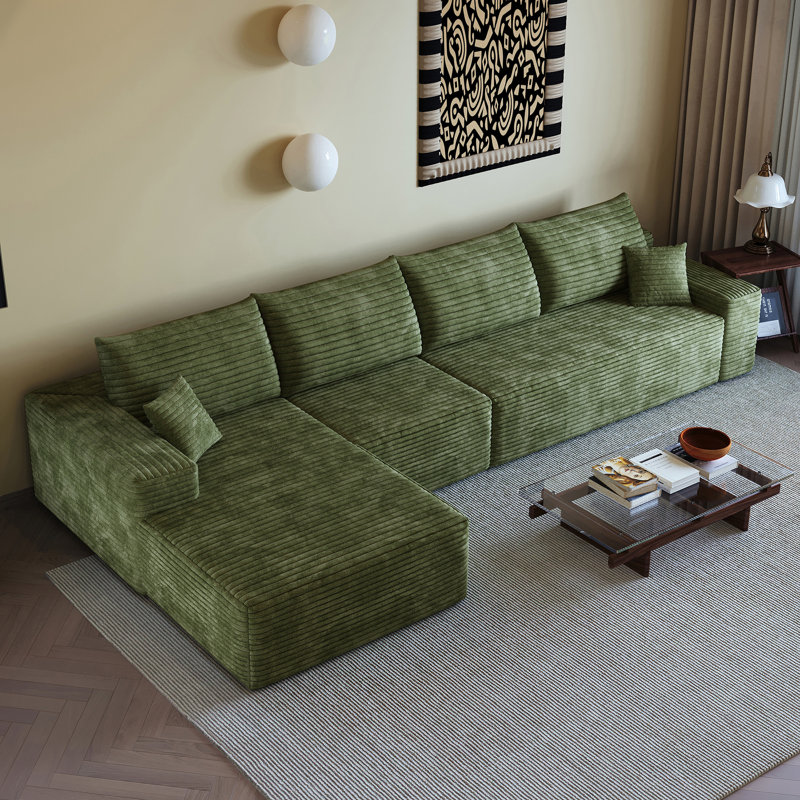 Canapé modulaire rembourré en L avec méridienne, Green Corduroy, 32.7" H x 135" W x 68.9" D