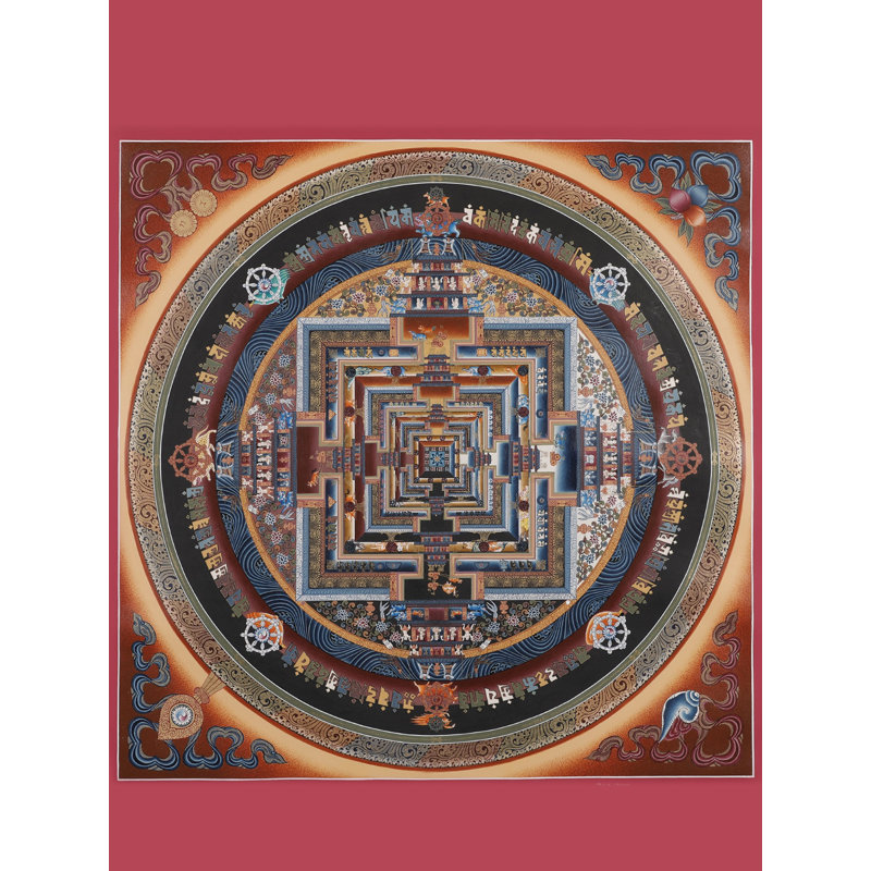 «Kalachakra Mandala Thangka» tibétain peint à la main - art mural carré «roue du temps» 24 po avec or 24 carats et bordure chaude
