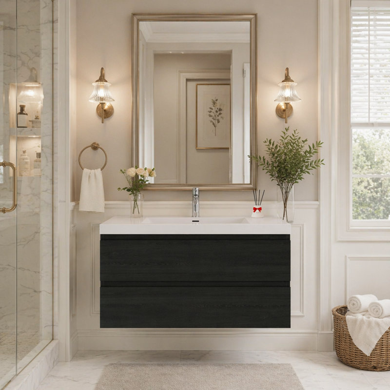 42" Floating Bathroom Vanity With Sink, Wall-Mounted Storage Cabinet With Solid Surface Top Basin And Soft Close Drawers Fully Assembled, Espresso Wood 24V11-42EW-W1920P411903