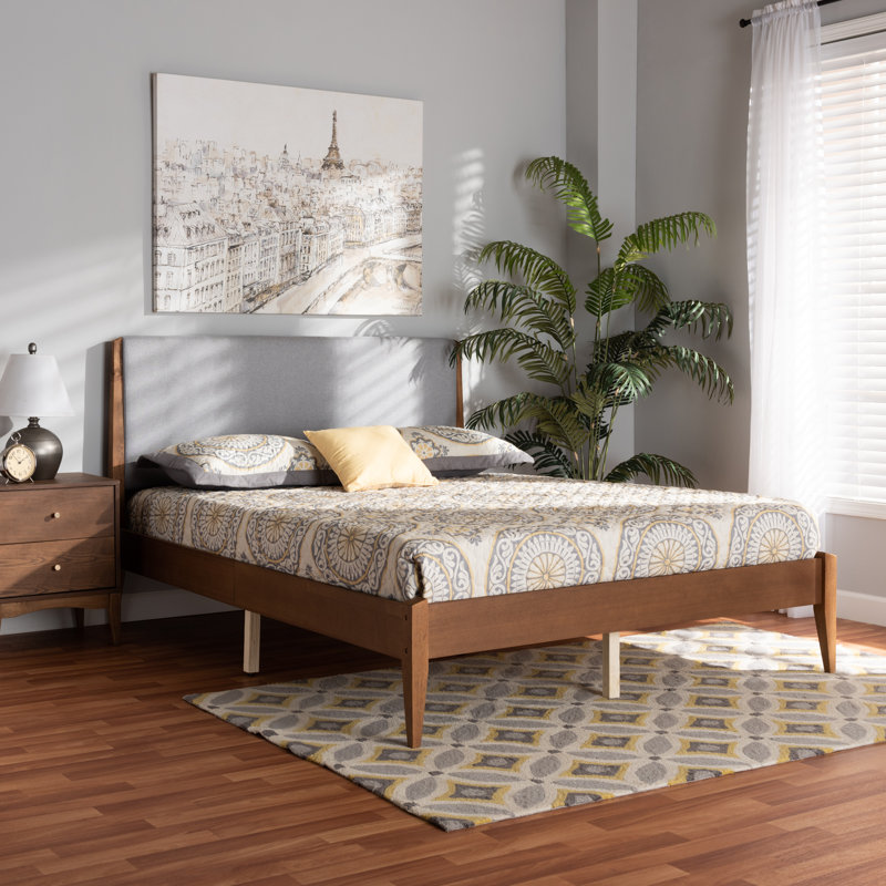 Rolph Upholstered Slat Bed, King, Light Gray/Walnut