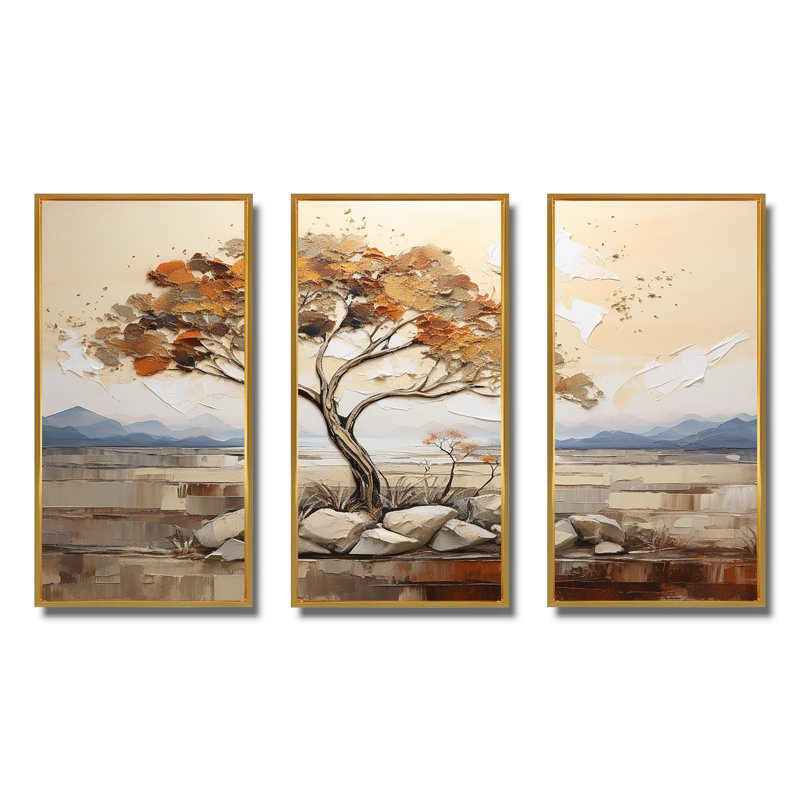 Arbre africain, esprit de la nature 2 - Art mural africain, Cadre flottant doré, H 32 po x l 48 po x P 1 po