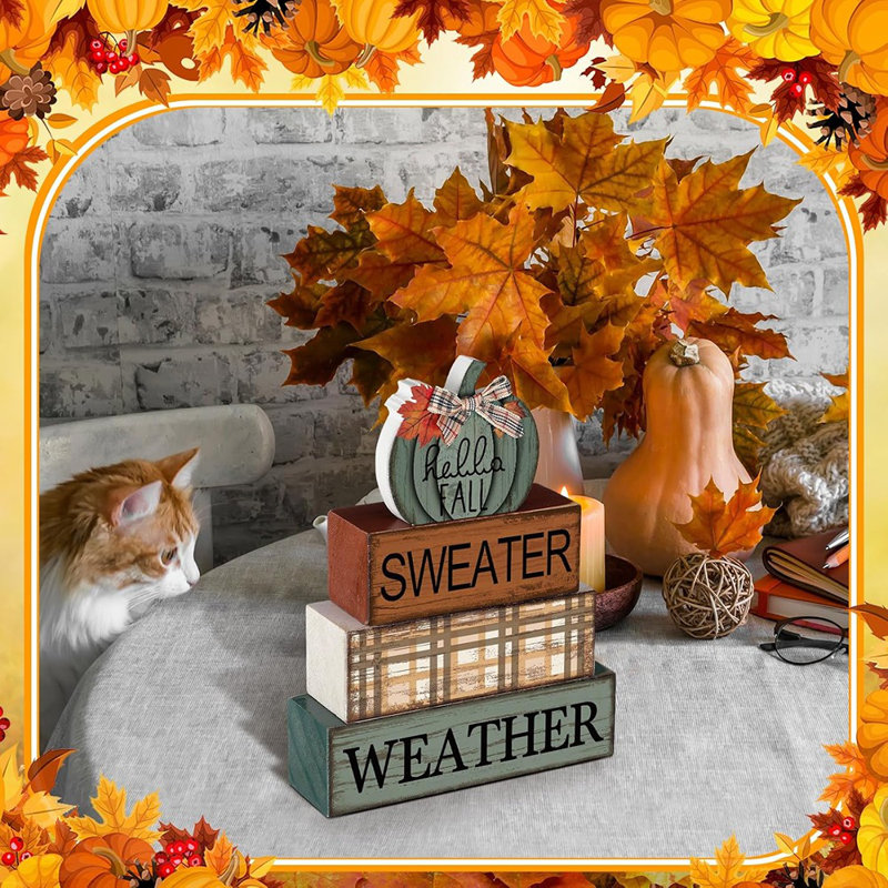 4 Pcs Wooden Fall Tabletop Decor Pumpkin Tiered Tray Decor Fall Centerpiece Rustic Decorative Block Signs Gift Farmhouse Table Decoration For Home Kitchen