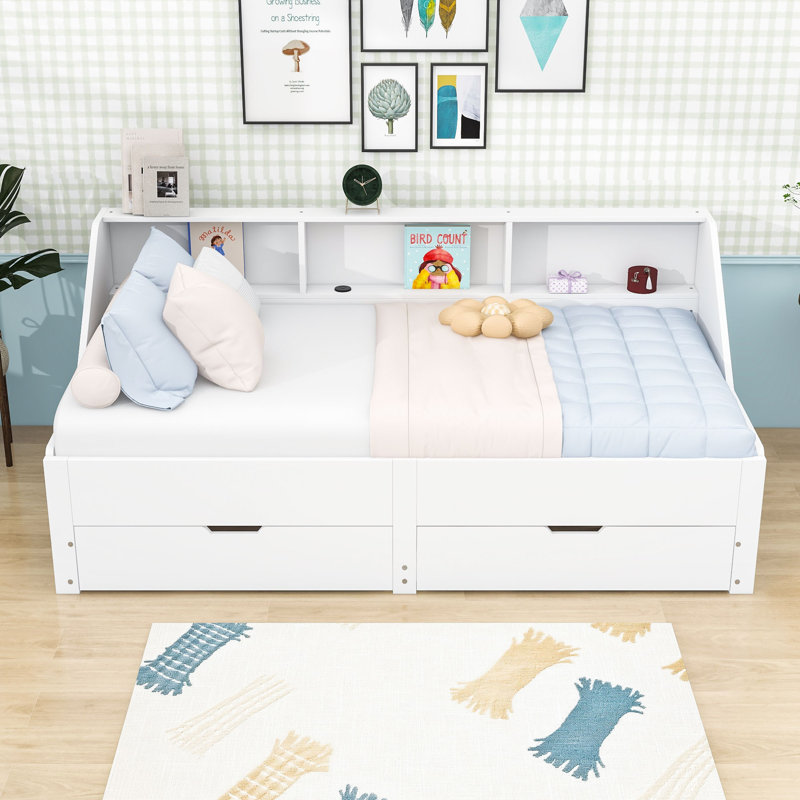 Lit de jour extensible pour lit simple à très grand lit avec station de charge intégrée et tiroirs de rangement, Blanc