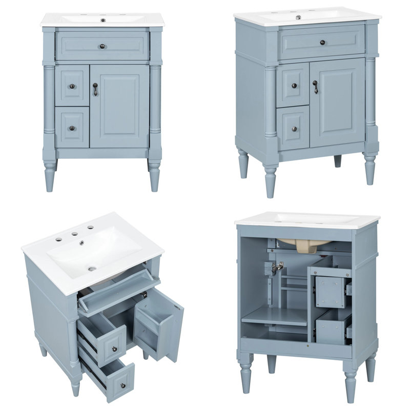 Meuble-lavabo moderne 24 po pour petits espaces, armoire bleue avec tiroir rabattable et tablette réglable, meuble-lavabo autoportant en bois massif avec lavabo
