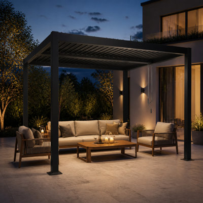Pergola à auvent noir FLISE 10 pi x 10 pi avec toit réglable, gouttière intégrée et cadre prêt pour les rideaux