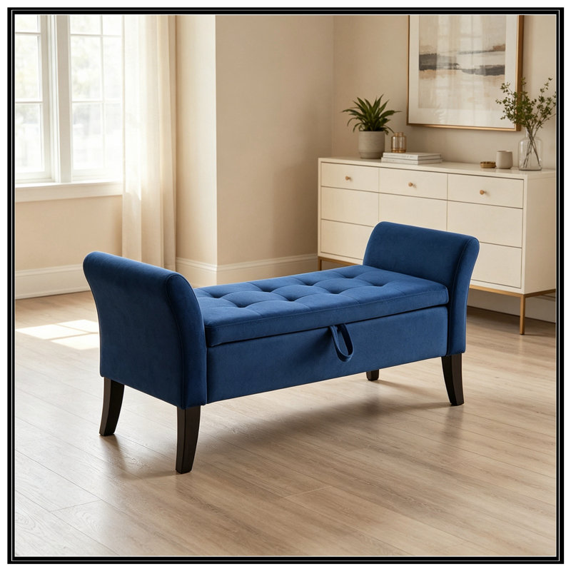 Banc en velours avec rangement et siège moelleux, Marine