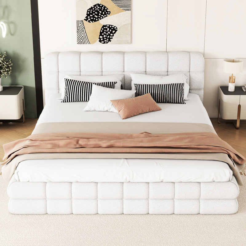 White Upholstered Queen Bed, Construction With Solid Wood & , Headboard For Extra Support, No Box Spring Required Size Pine + Frame, Needed, 8'' - 10'' Mattress Thickness, 500Lbs Capacity