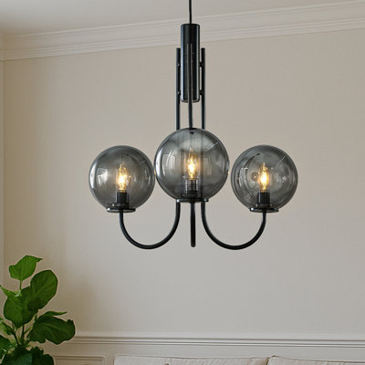 Lustre à bulles 3 lumières Modern Glam 25 po avec globes en verre soufflé à la main fumé, design spoutnik noir pour la salle à manger ou le salon
