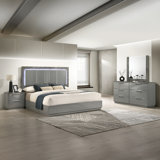 Elara Queen 4-Piece Set – Two-Tone High-Gloss Marble & Lacquer Finish with LED Lighting, Metal-Finished Legs- Gray