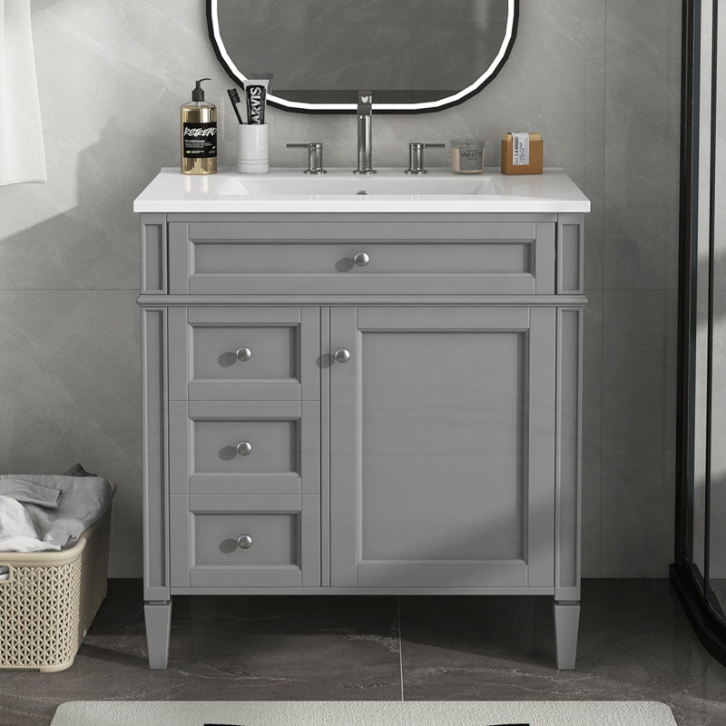 Meuble-lavabo 30 po avec lavabo supérieur, Argent argent, Blanc