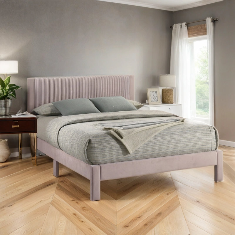 Lit plateforme gris avec tête de lit tapissier - texture nervurée, structure à profil bas - mobilier de chambre à coucher moderne pour jeunes