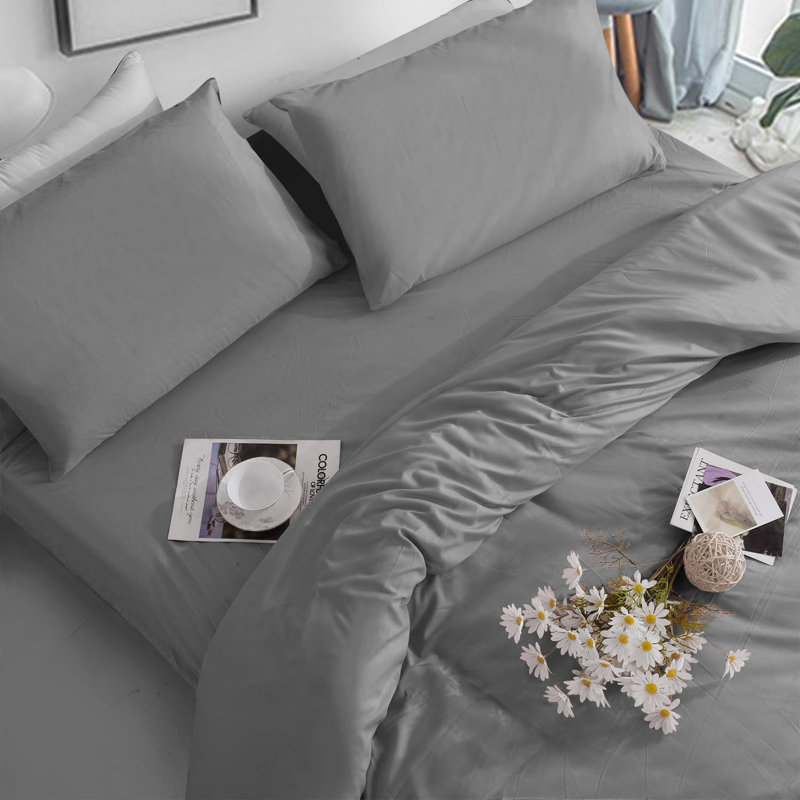 Dyed Duvet Complete Set With Matchnig Fitted Sheet and Pillow cover, Grey, Kingsize Duvet Cover + 3 Additional Pieces