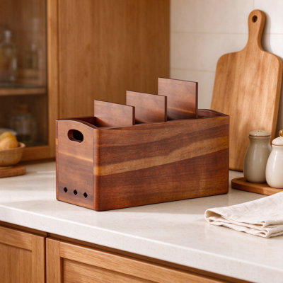 Acacia Wood Utensil Holder for Kitchen Counter with Removable Divider, Wall Mount or Countertop Organizer, Anti-Slip and Drainage Holes, Multi-Compartment Storage