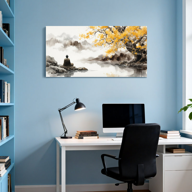 Bouddha abstrait sous la réflexion de l'eau de l'arbre d'automne, H 24 po x l 48 po