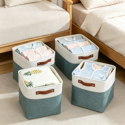 Bacs de rangement cubiques en tissu 11 x 11 pour organisateur, paniers pliables pour tablettes, placard et rangement à domicile, robustes avec poignées en cuir et boucles en métal, paquet de 4, blanc et vert foncé
