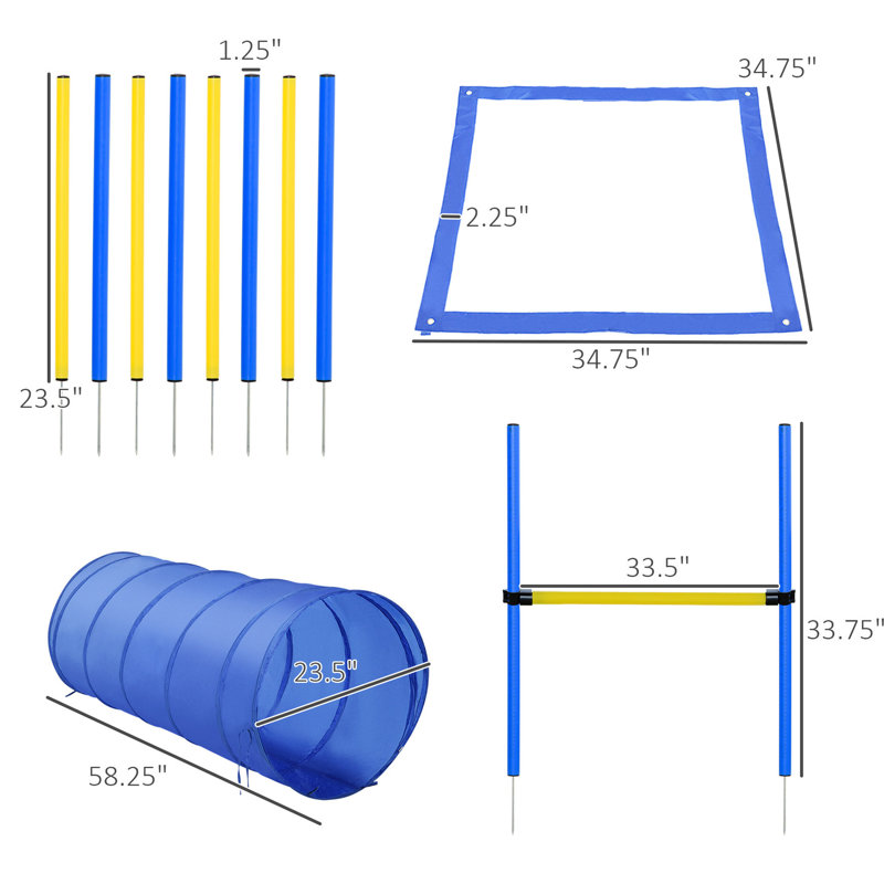 4 unités de dressage d'agilité pour chien - haie de saut, tunnel, boîte de pause, bâtons de tissage et sac à bandoulière bleu / jaune. Ensemble d'obstacles pour chiens Fortfor