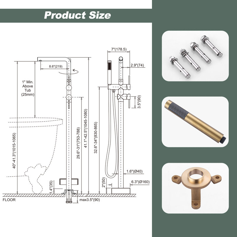 Modern Single Handle Freestanding Tub Faucet, Floor Mount Tub Filler With Hand Shower, Gold