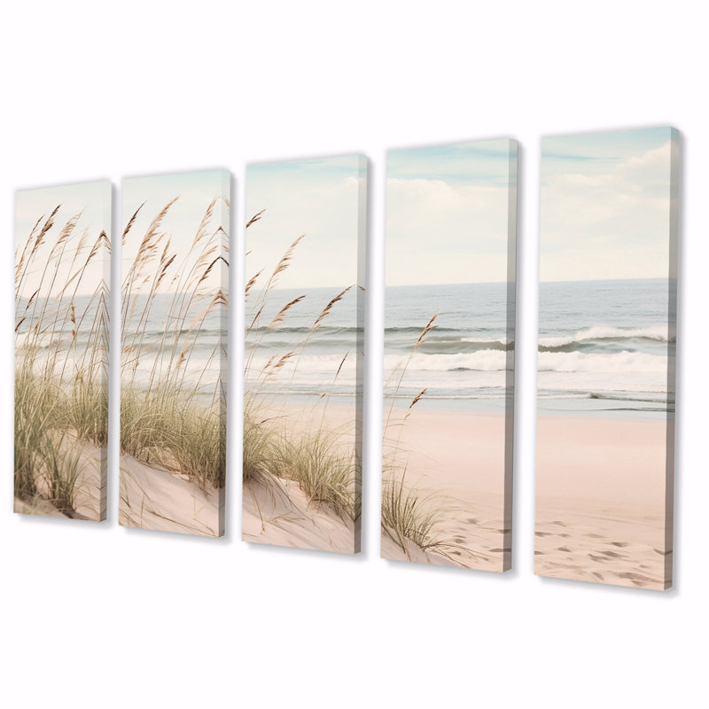 «Ocean Spring Bliss Tender Pastel Beach Grass II» - reproduction sur toile de plage - 5 panneaux égaux