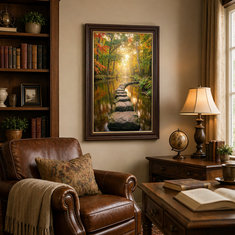 Toile naturelle encadrée en bois naturel pour salon, chambre à coucher, bureau ou vestibule - décoration murale décorative avec forêt d'automne