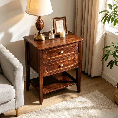 2‑Drawer Traditional Wood Nightstand, Dark Brown Bedside End Table with Open Storage Shelf & Gold Knob Accent for Bedroom Guest Room