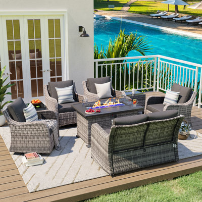  8 Pieces Patio Furniture Set With 43" Fire Pit Table, Wicker Patio Conversation Set With Swivel Rocking Chairs, Outdoor Patio Set For Lawn Backyard Porch (Grey)
