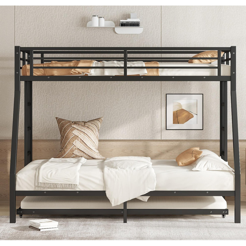 Metal Bunk Bed with Trundle, Black, Twin Over Full
