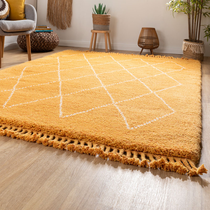 Ogan Moroccan Wool Hand Knotted Area Rug, Yellow, Rectangle 140 x 200cm