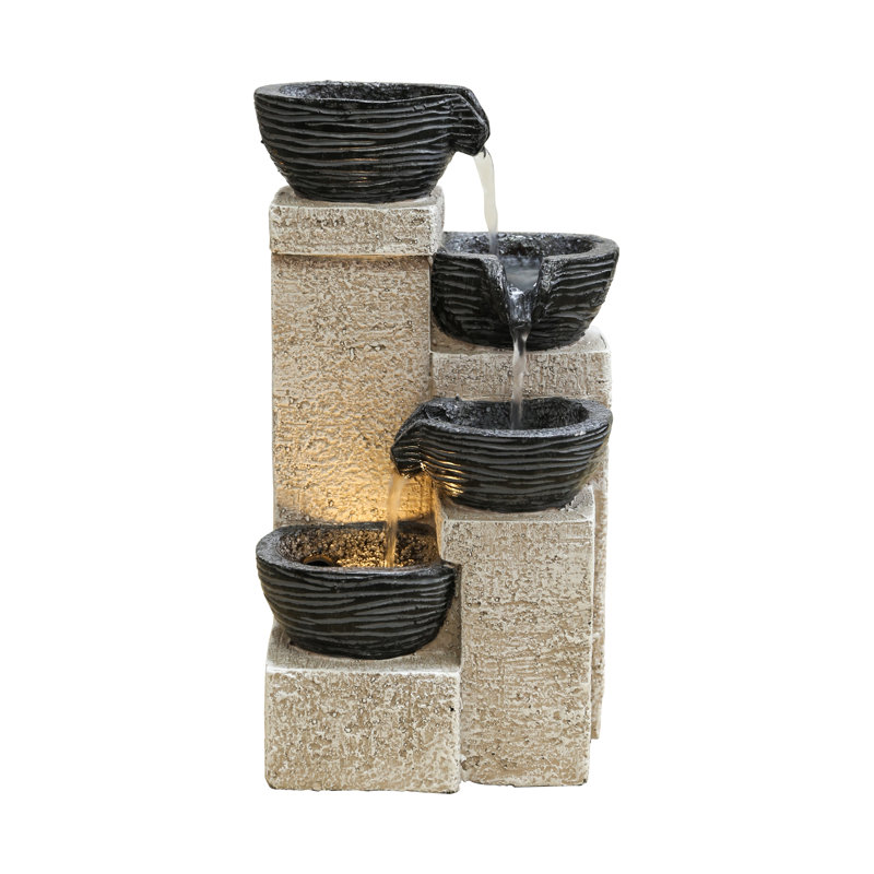 11" Beige and Black Stacking Bowls Fountain with LED Lights