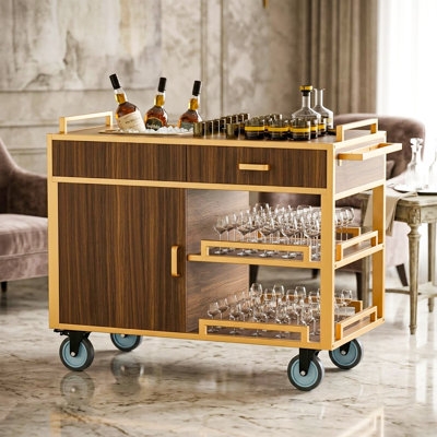 40'' Wide Rolling Bar Cart with Cabinet, Drawer and Removable Ice Basin