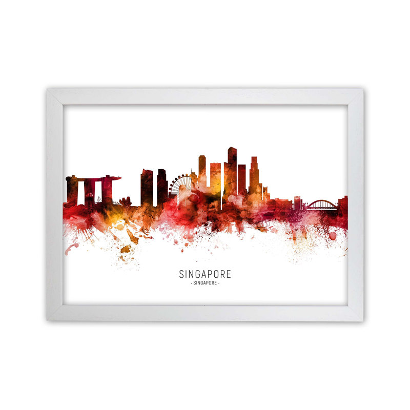 Singapore Skyline Red City Name by Michael Tompsett - Print, White Framed, 34cm H x 46cm W x 3cm D