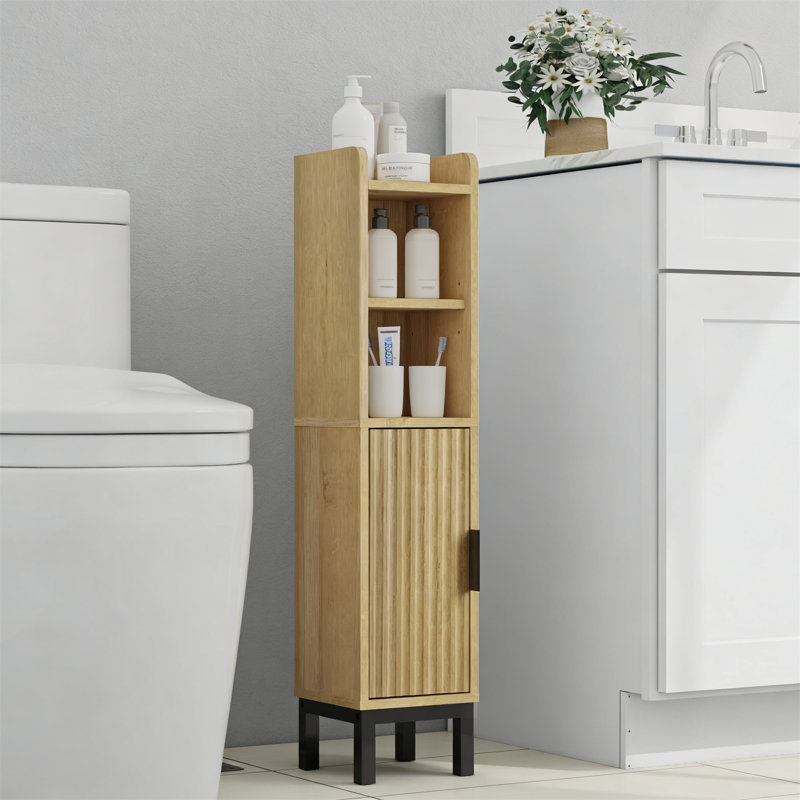 Oak Corner Toilet Paper Storage Cabinet With Adjustable Shelves, Oak/Black