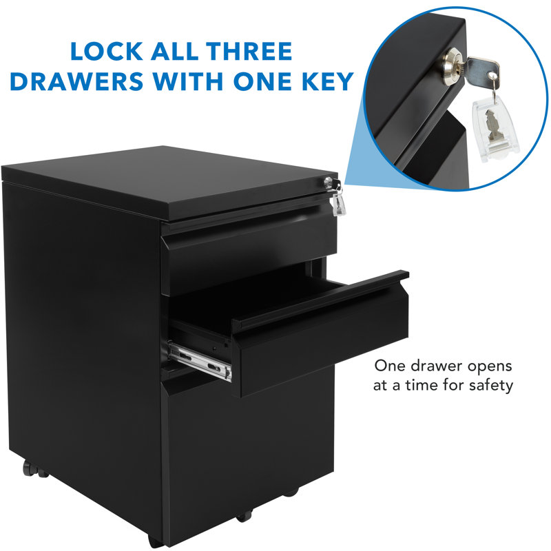 Black Mobile 3 Drawer Lockable Pedestal File Cabinet
