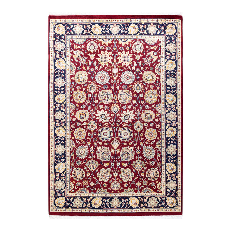 Tapis rouge / bleu / jaune noué à la main de conception unique 4 pi 2 po x 6 pi 2 po Mogul