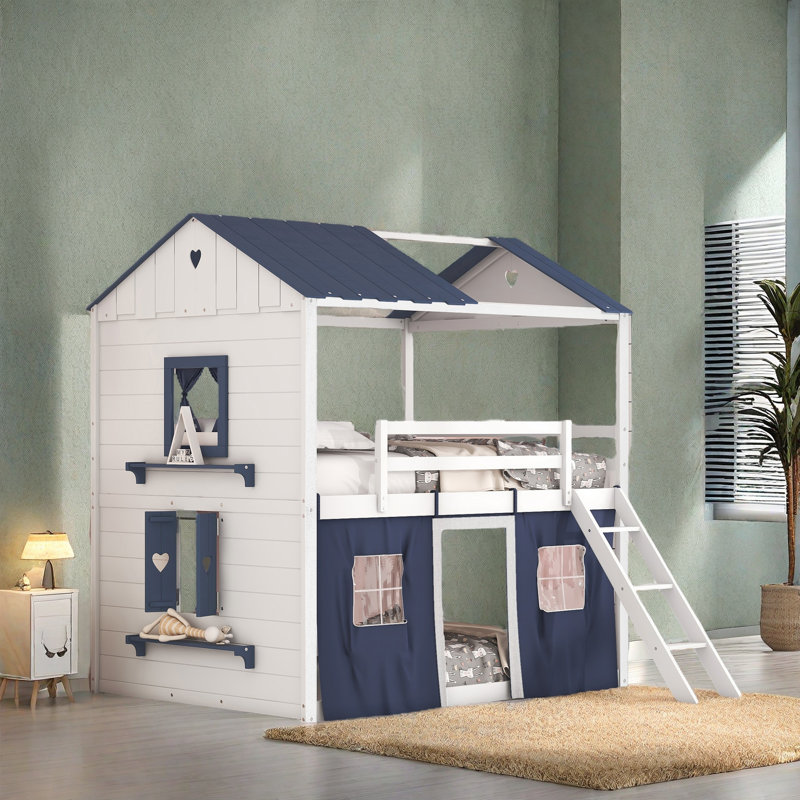 Lit superposé style maison basse avec toit, Plein , Blanc / bleu