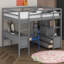 Lit mezzanine double avec bureau intégré, lit mezzanine peu encombrant avec deux tiroirs, tablettes et tiroirs de rangement, lit mezzanine pour enfants adolescents