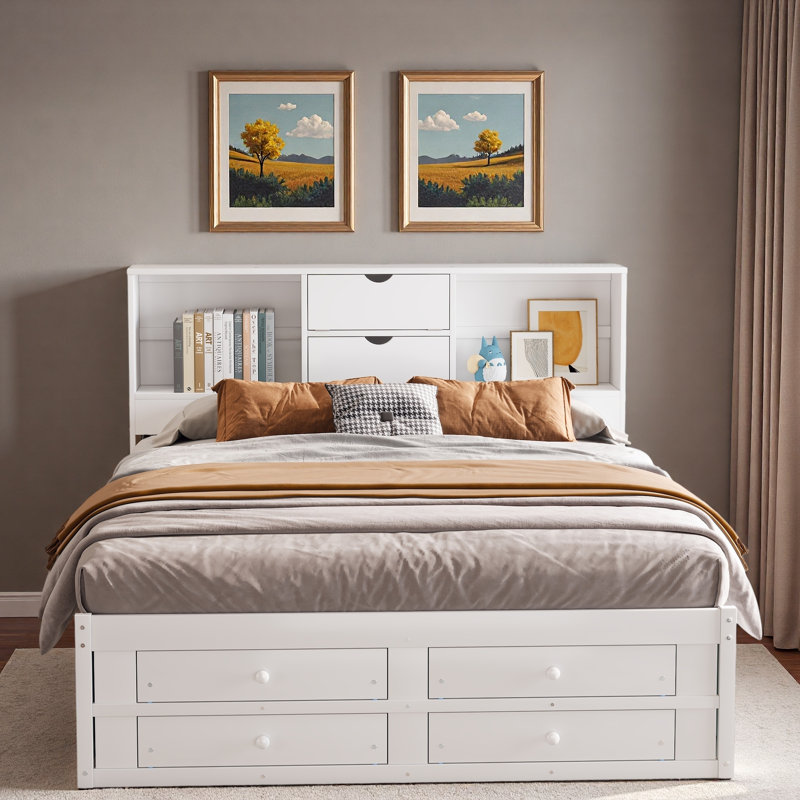 Platform Bed With Storage Headboard And 8 Drawers, White, King