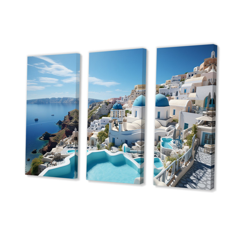 «Grèce Santorini Dreams I» sur toile, reproduction de 3 pièces, H 28 po x l 36 po